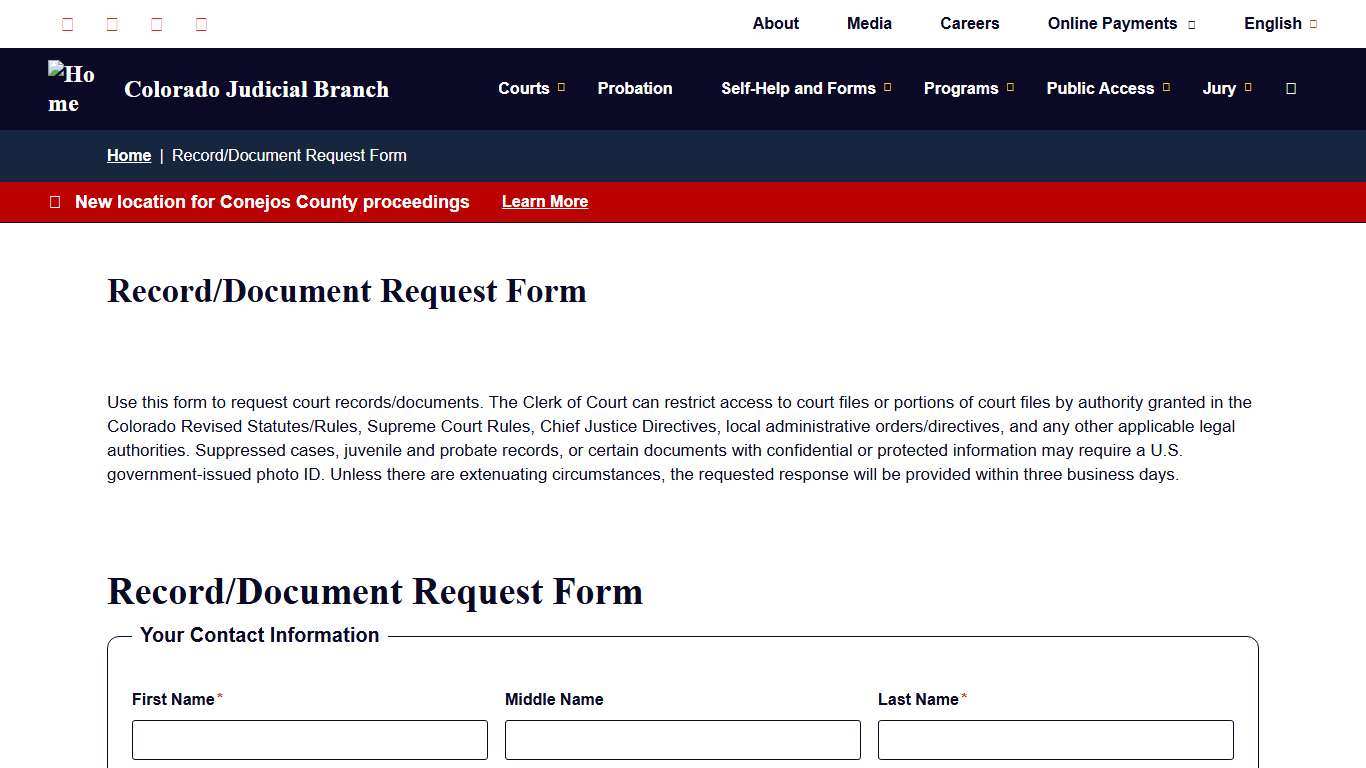 Record/Document Request Form Colorado Judicial Branch