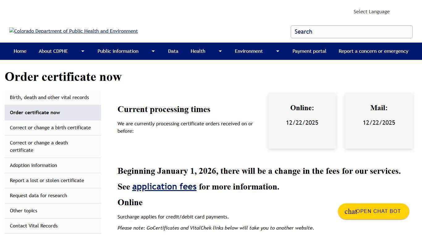 Order certificate now Colorado Department of Public Health and Environment